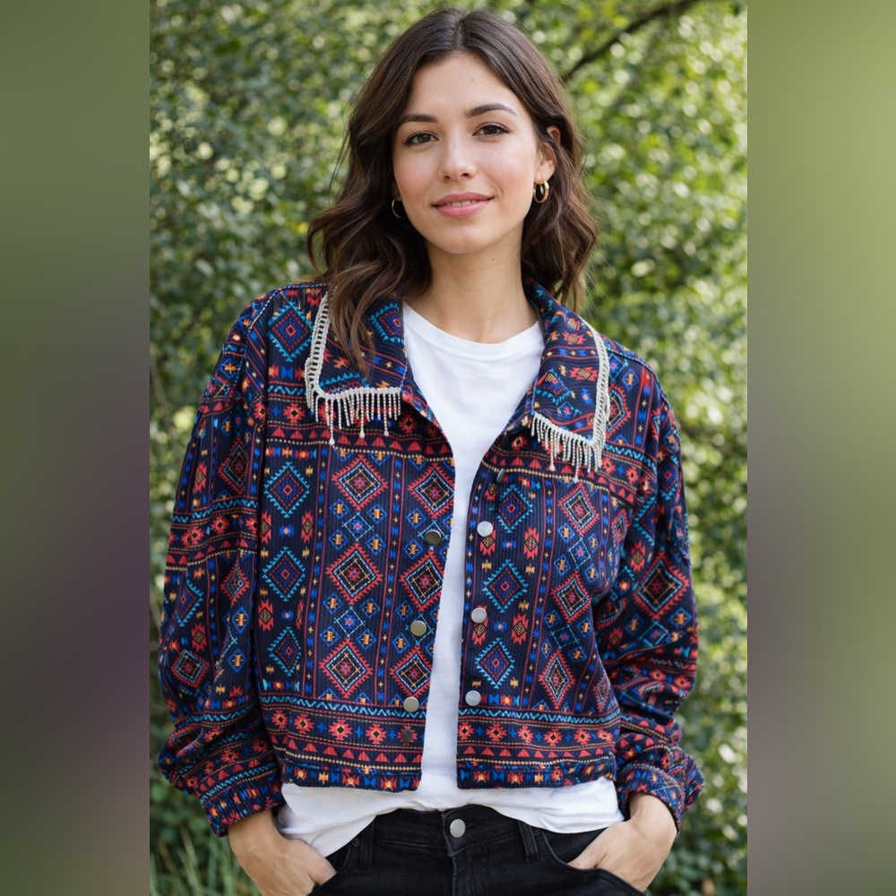 Savanna Jane Blue and Red Patterned Bomber Jacket